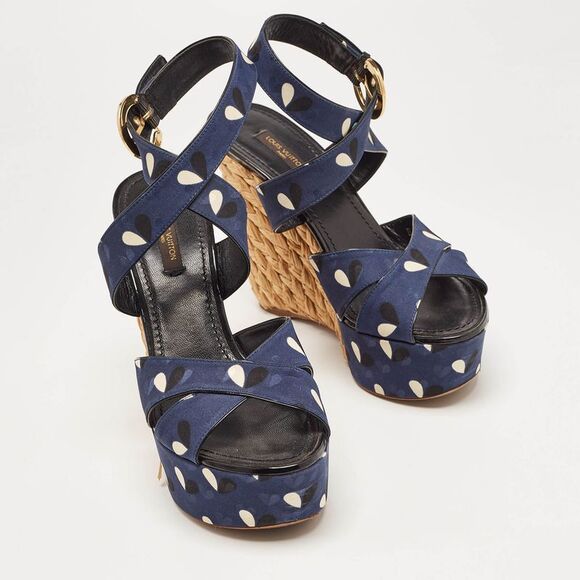 Louis Vuitton Navy Blue Printed Fabric Espadrille Wedge Ankle Wrap Sandals - Picture 4 of 4